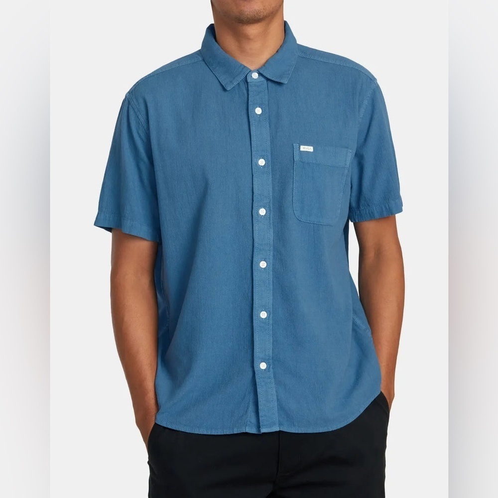 NWOT RVCA Men’s Hemp Beat Short Sleeve Camp Shirt Blue Size M
